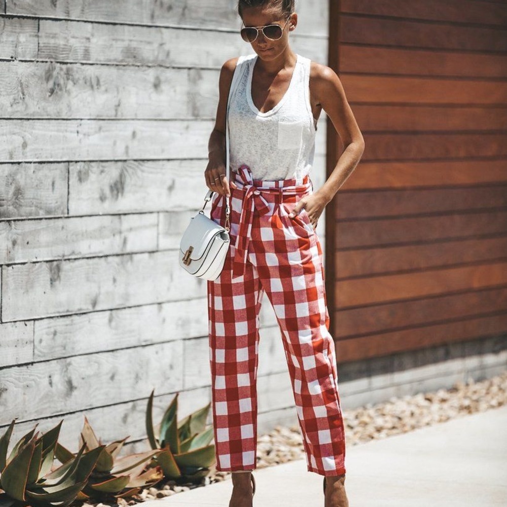 Yours Truly Plaid Pocketed Tie Pants - Red Plaid